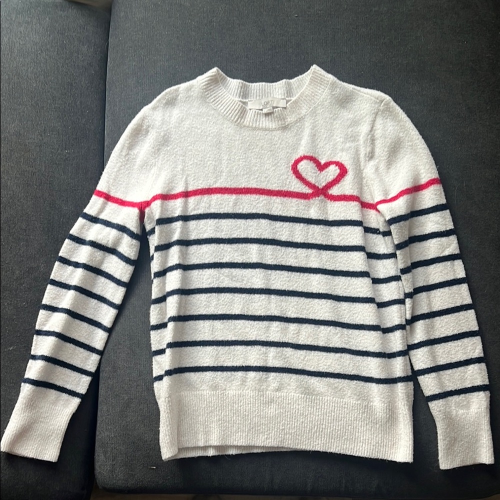 White and Black Crew Neck Sweater with Heart Detail